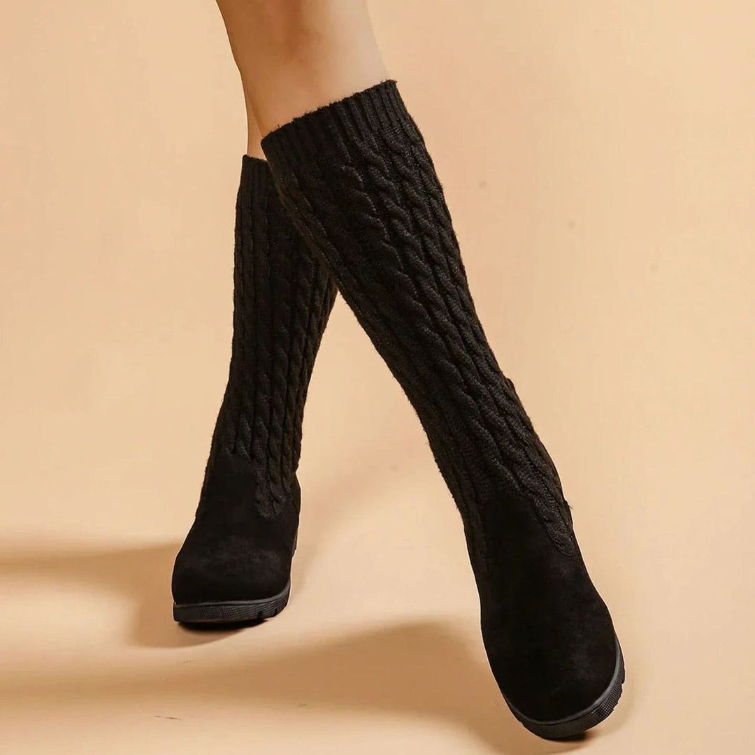 Women's Cable-Knit Suede Wedge Knee-High Boots - Black