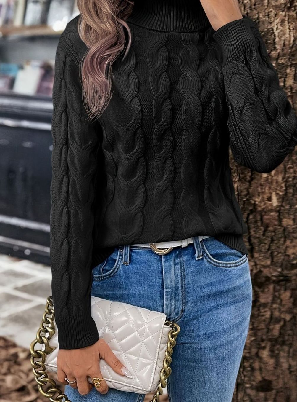 Women's Cable-Knit Turtleneck Sweater Relaxed Long-Sleeve Pullover