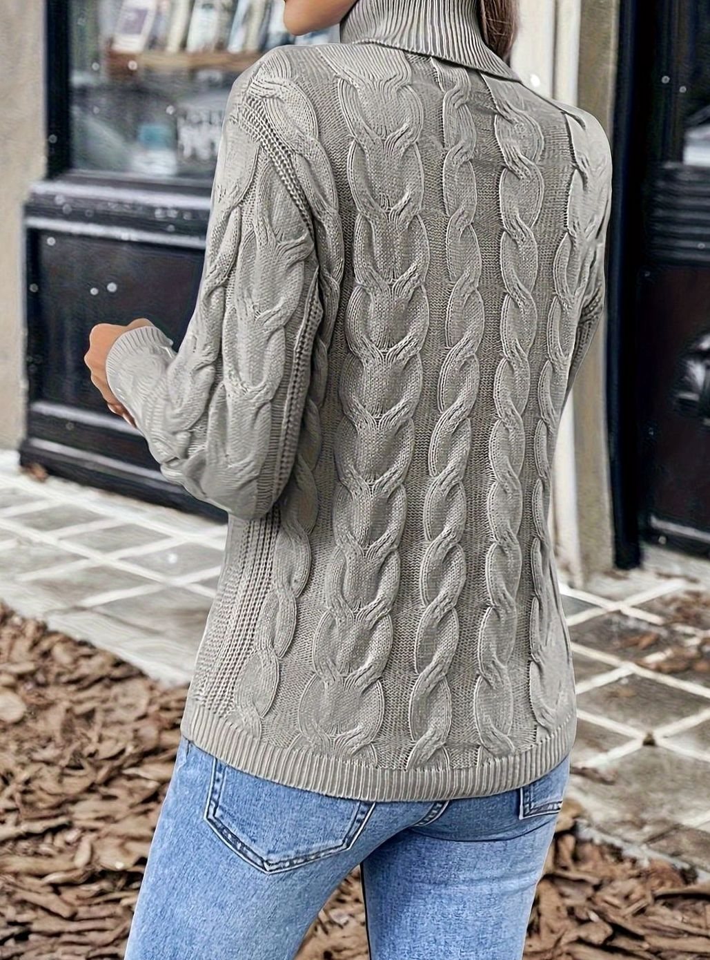 Women's Cable-Knit Turtleneck Sweater Relaxed Long-Sleeve Pullover