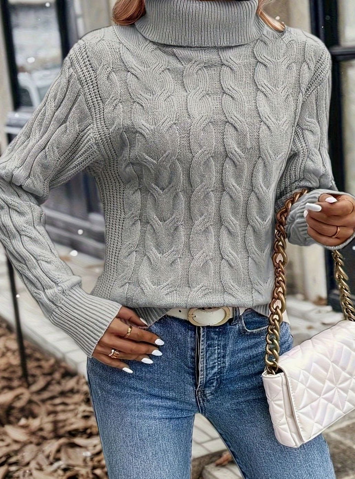 Women's Cable-Knit Turtleneck Sweater Relaxed Long-Sleeve Pullover