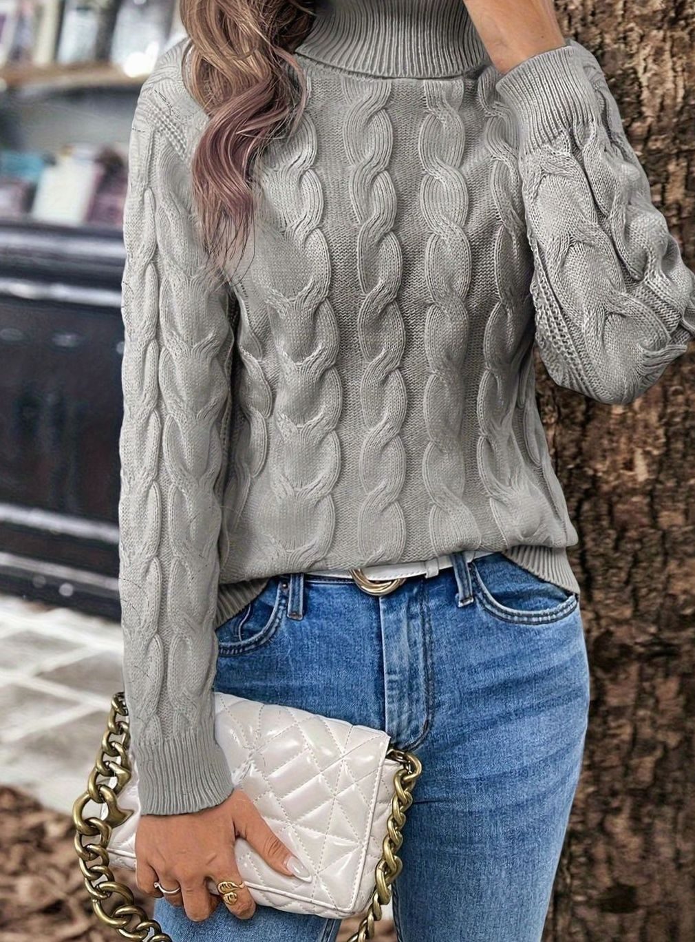 Women's Cable-Knit Turtleneck Sweater Relaxed Long-Sleeve Pullover