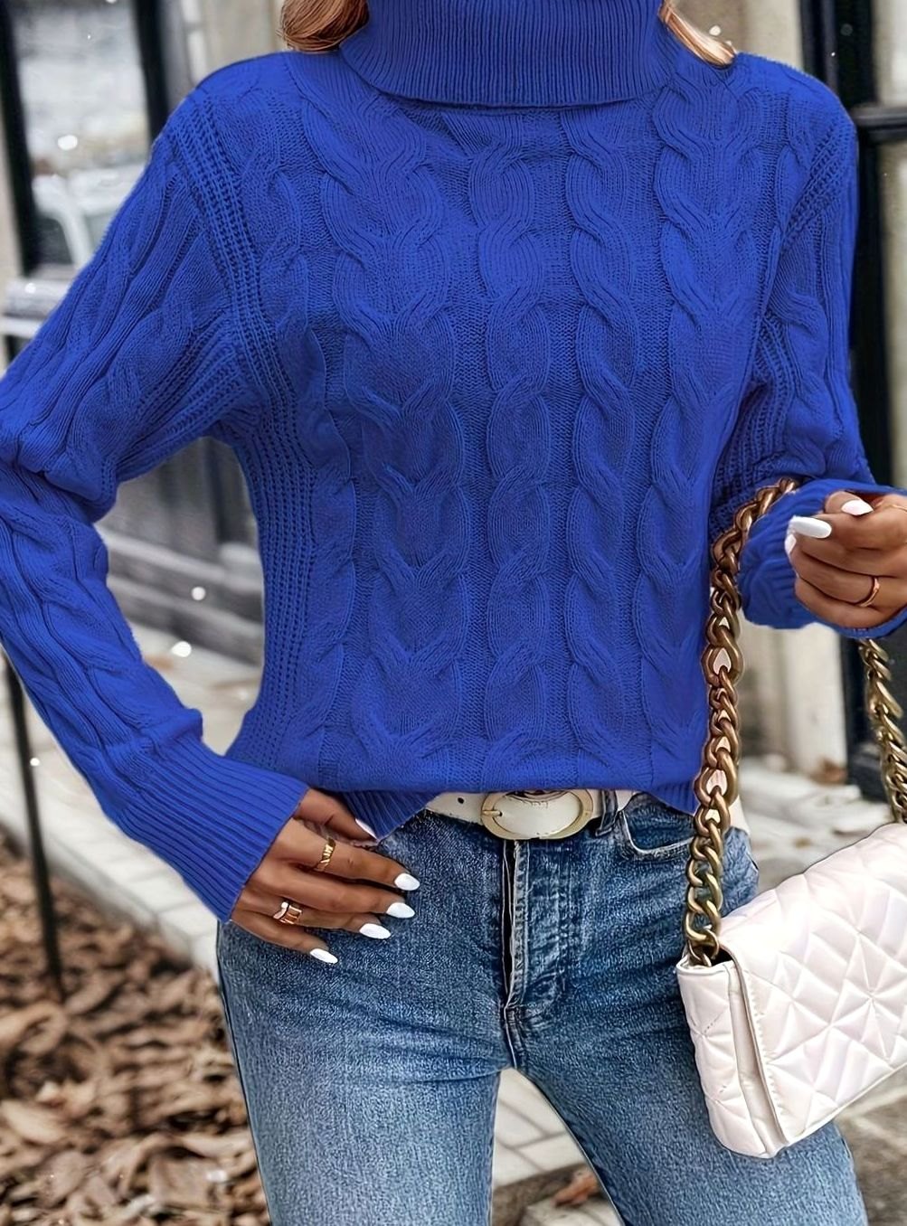 Women's Cable-Knit Turtleneck Sweater Relaxed Long-Sleeve Pullover