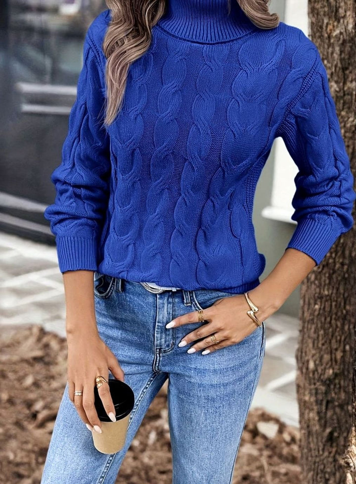 Women's Cable-Knit Turtleneck Sweater Relaxed Long-Sleeve Pullover