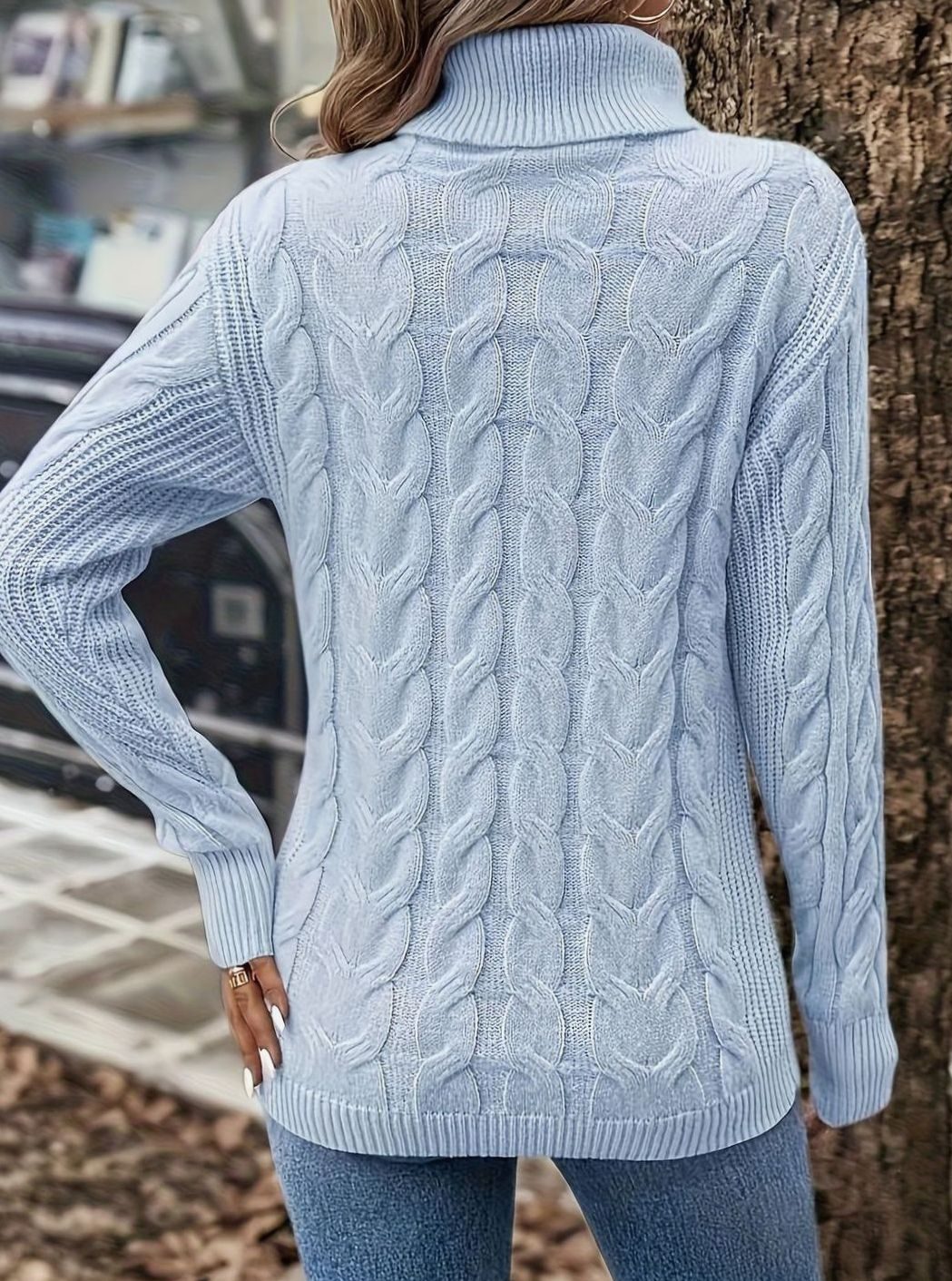 Women's Cable-Knit Turtleneck Sweater Relaxed Long-Sleeve Pullover