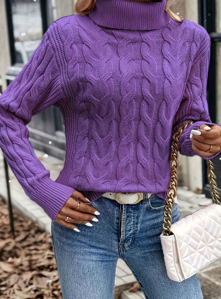 Women's Cable-Knit Turtleneck Sweater Relaxed Long-Sleeve Pullover