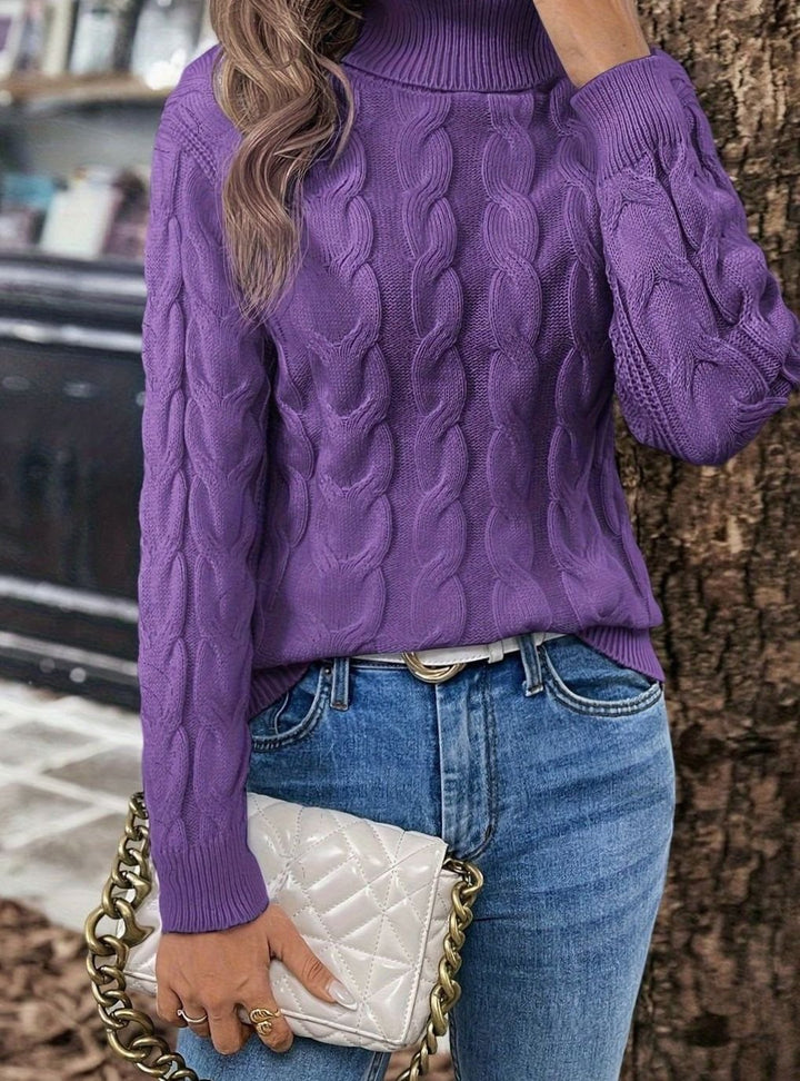 Women's Cable-Knit Turtleneck Sweater Relaxed Long-Sleeve Pullover