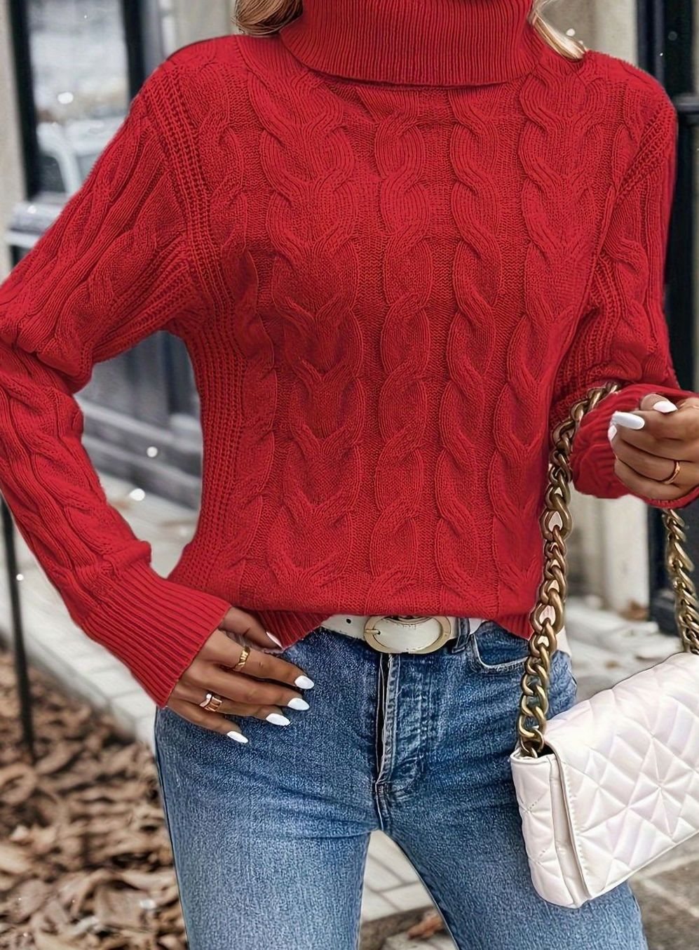 Women's Cable-Knit Turtleneck Sweater Relaxed Long-Sleeve Pullover