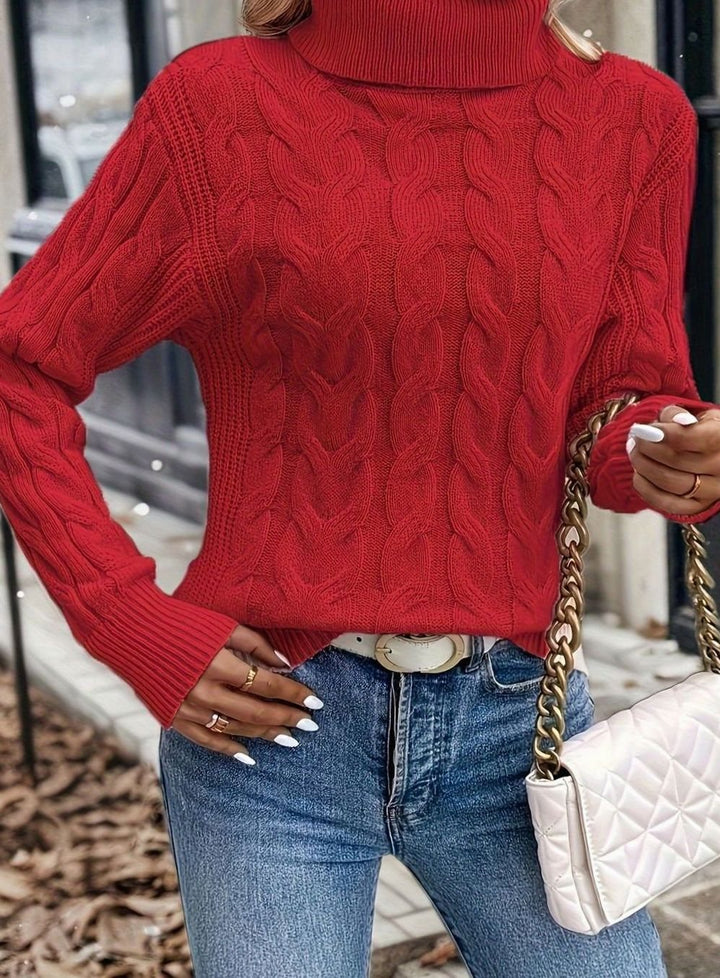 Women's Cable-Knit Turtleneck Sweater Relaxed Long-Sleeve Pullover