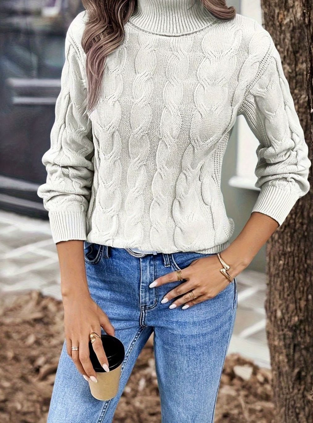 Women's Cable-Knit Turtleneck Sweater Relaxed Long-Sleeve Pullover