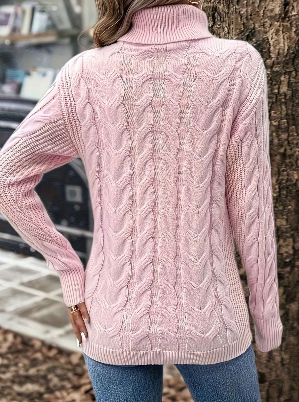 Women's Cable-Knit Turtleneck Sweater Relaxed Long-Sleeve Pullover