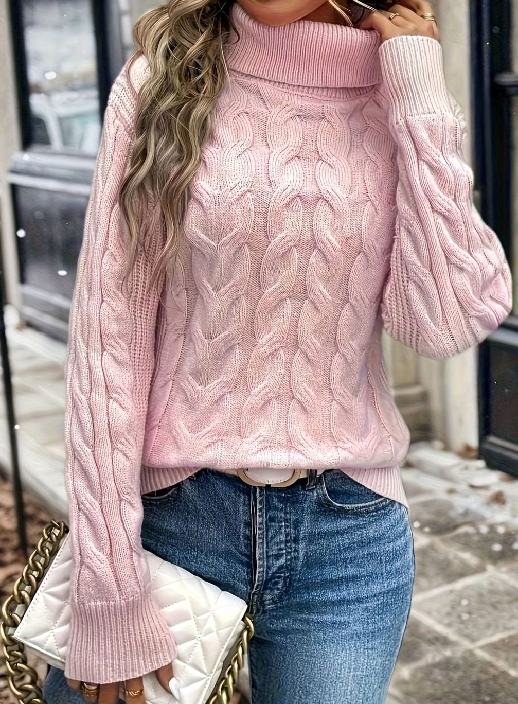 Women's Cable-Knit Turtleneck Sweater Relaxed Long-Sleeve Pullover