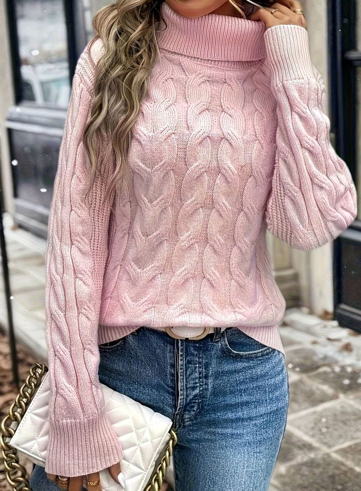 Women's Cable-Knit Turtleneck Sweater Relaxed Long-Sleeve Pullover