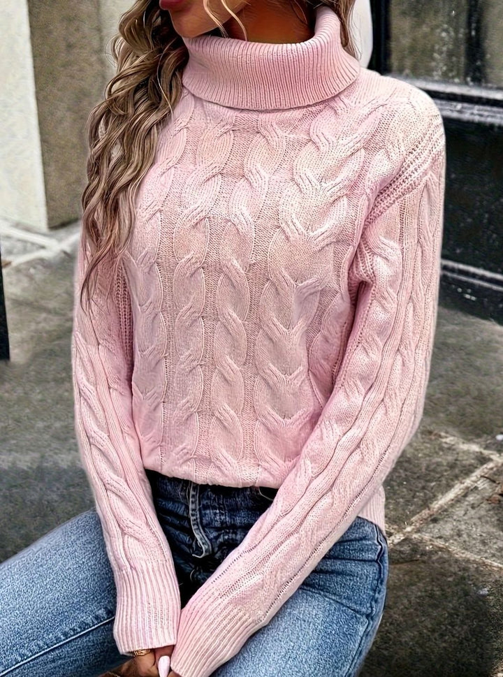 Women's Cable-Knit Turtleneck Sweater Relaxed Long-Sleeve Pullover