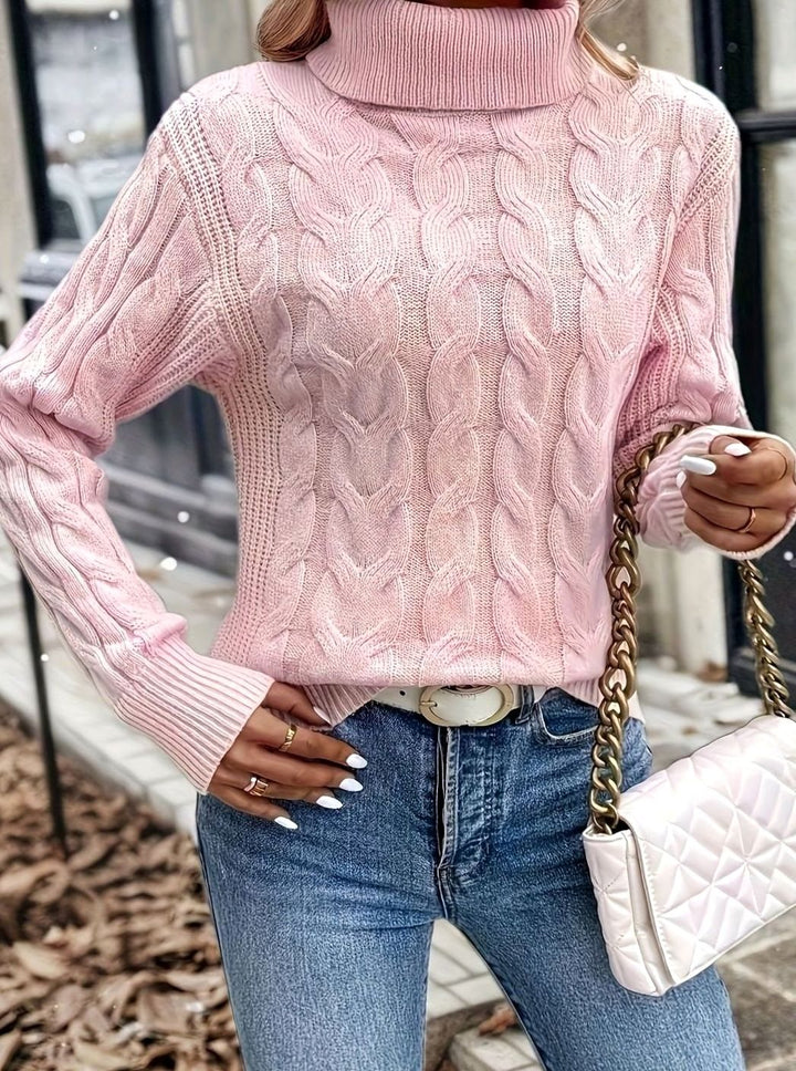 Women's Cable-Knit Turtleneck Sweater Relaxed Long-Sleeve Pullover