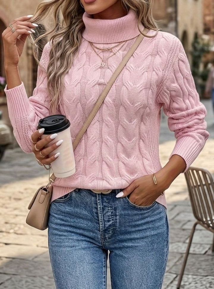 Women's Cable-Knit Turtleneck Sweater Relaxed Long-Sleeve Pullover