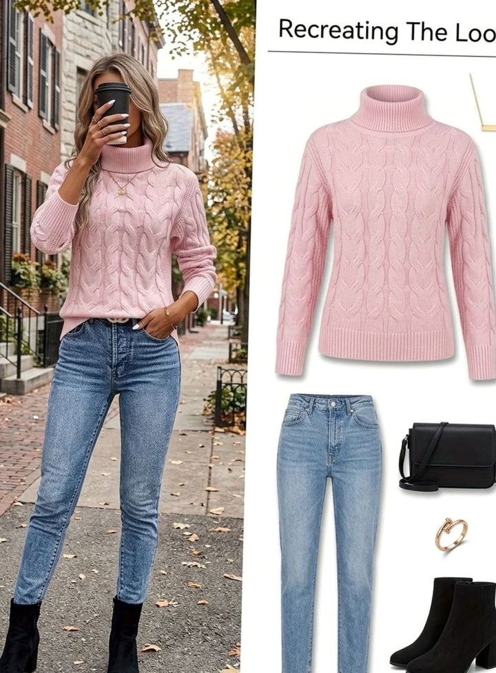 Women's Cable-Knit Turtleneck Sweater Relaxed Long-Sleeve Pullover