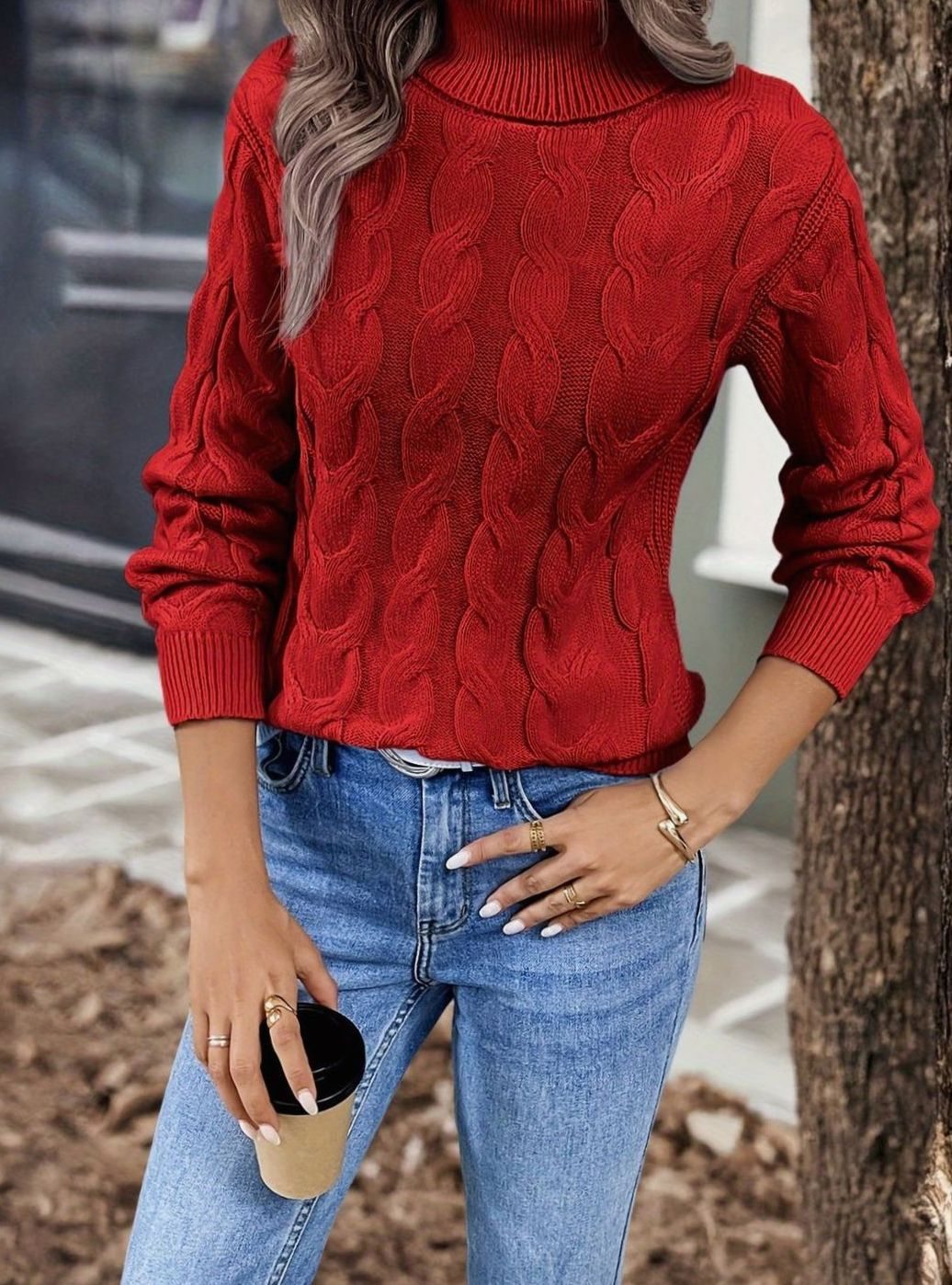 Women's Cable-Knit Turtleneck Sweater Relaxed Long-Sleeve Pullover