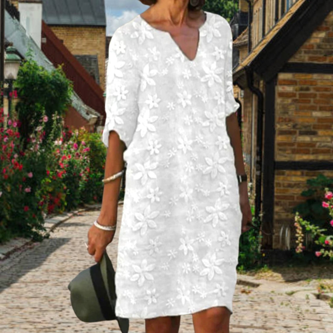 Women's Casual Floral Applique V-Neck Short Sleeve Midi Dress - White