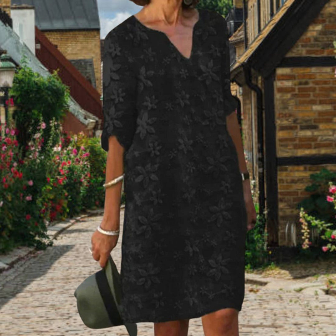 Women's Casual Floral Applique V-Neck Short Sleeve Midi Dress - Black