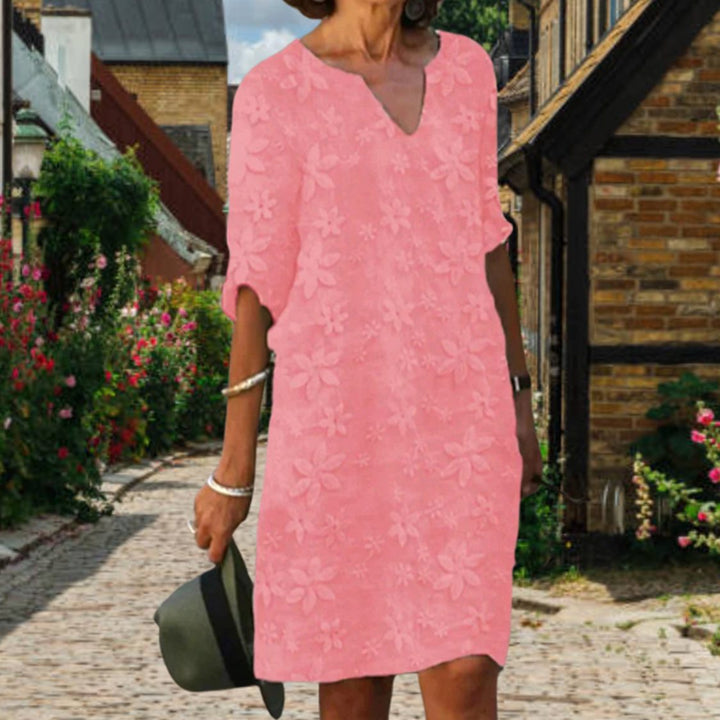 Women's Casual Floral Applique V-Neck Short Sleeve Midi Dress - Pink