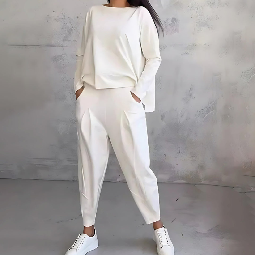 Women's Casual Loose-Fit Top Tapered Pants Two-Piece Set - White