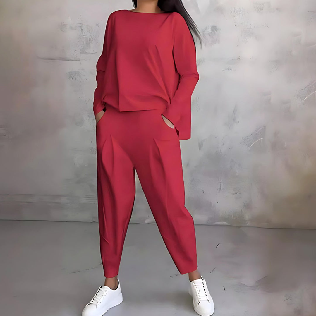 Women's Casual Loose-Fit Top Tapered Pants Two-Piece Set - Red