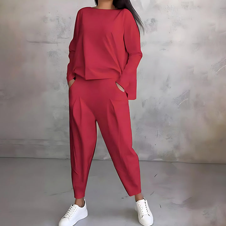 Women's Casual Loose-Fit Top Tapered Pants Two-Piece Set - Red