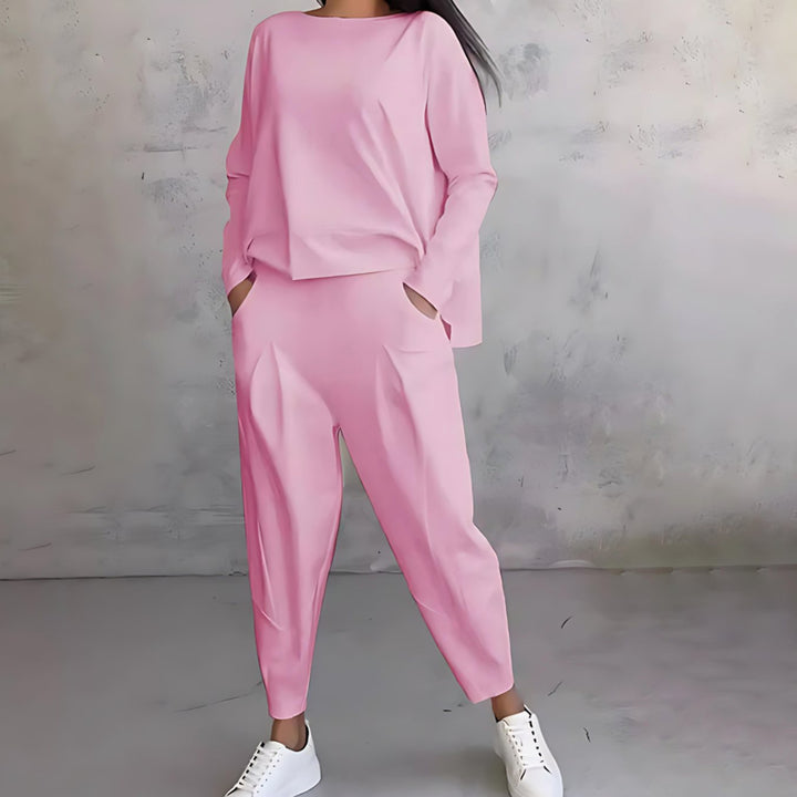 Women's Casual Loose-Fit Top Tapered Pants Two-Piece Set - Pink