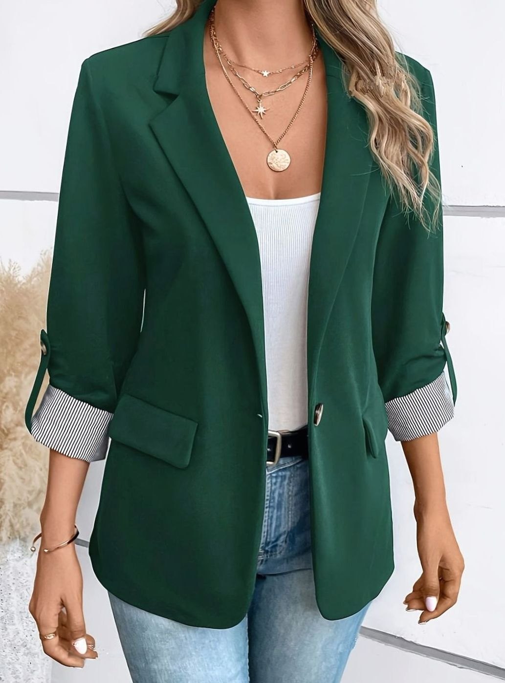 Women's Casual Office Blazer Open-Front Roll-Sleeve Striped-Cuff Jacket - Green