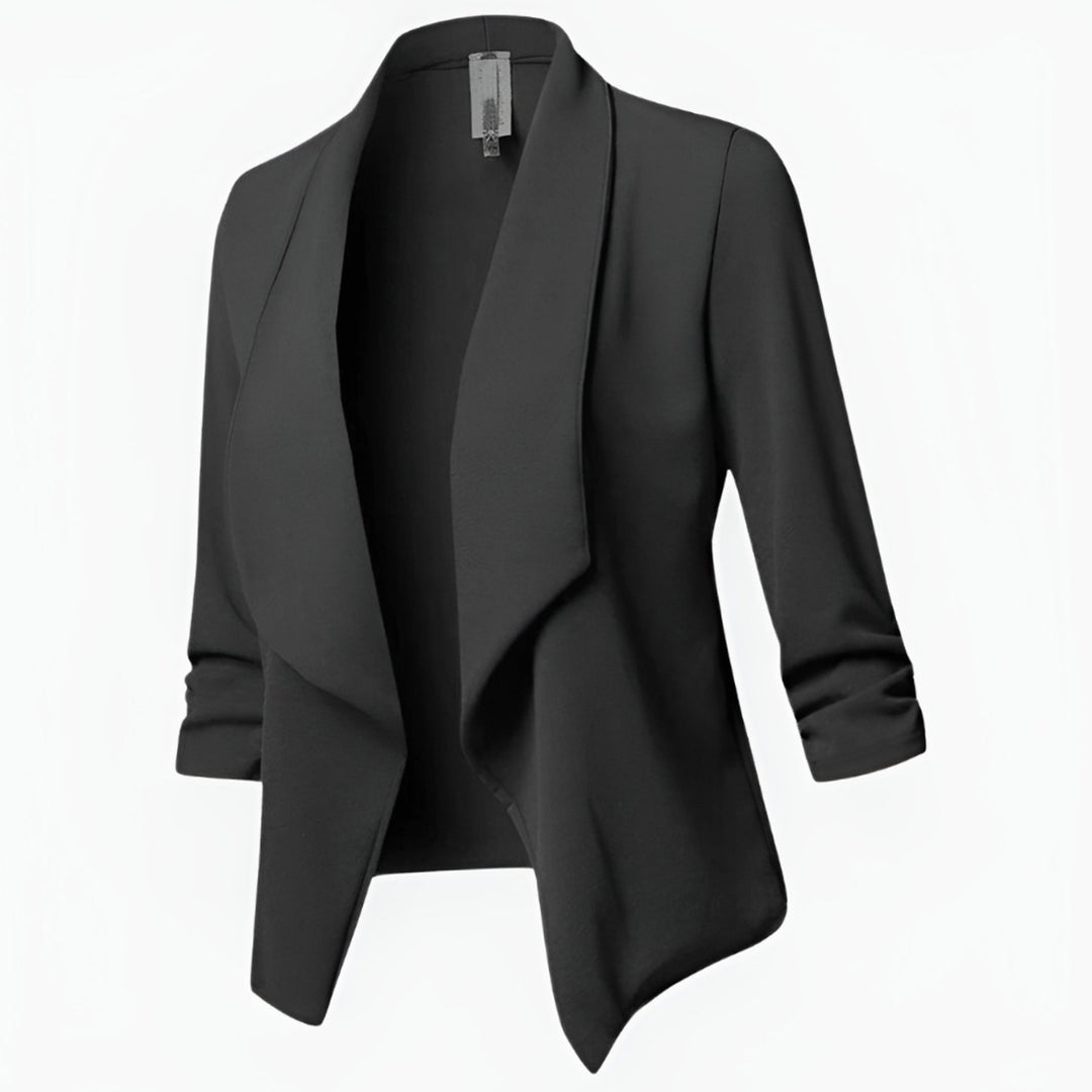 Women's Casual Open-Front Ruched-Sleeve Office Blazer - Black