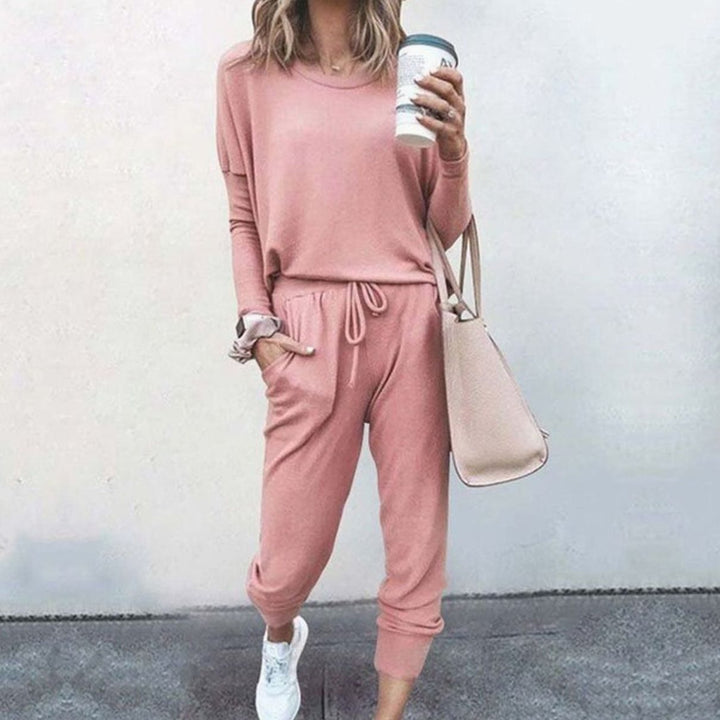Women's Casual Two Piece Loungewear Set Long-Sleeve Top Drawstring Jogger Pants - Pink