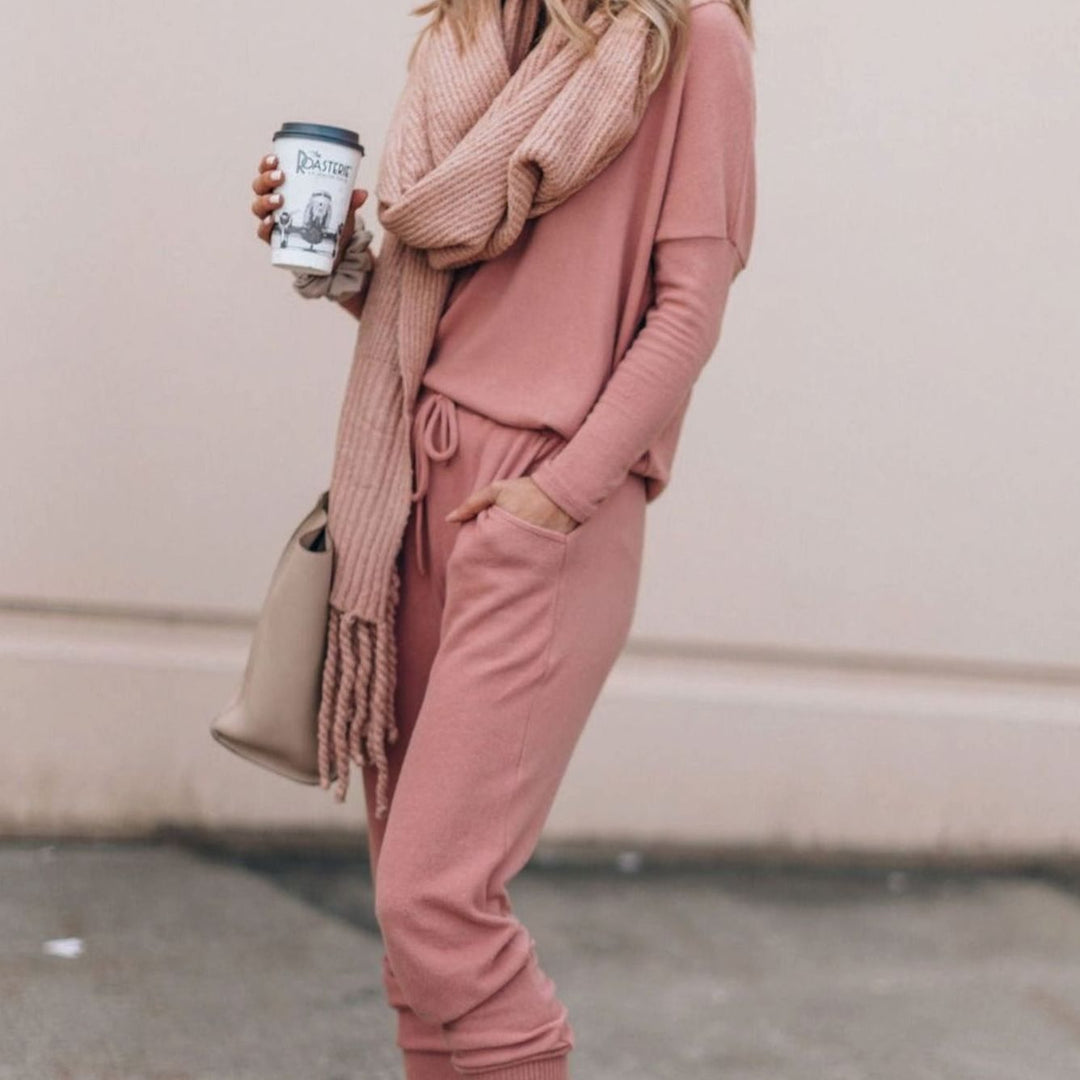 Women's Casual Two Piece Loungewear Set Long-Sleeve Top Drawstring Jogger Pants