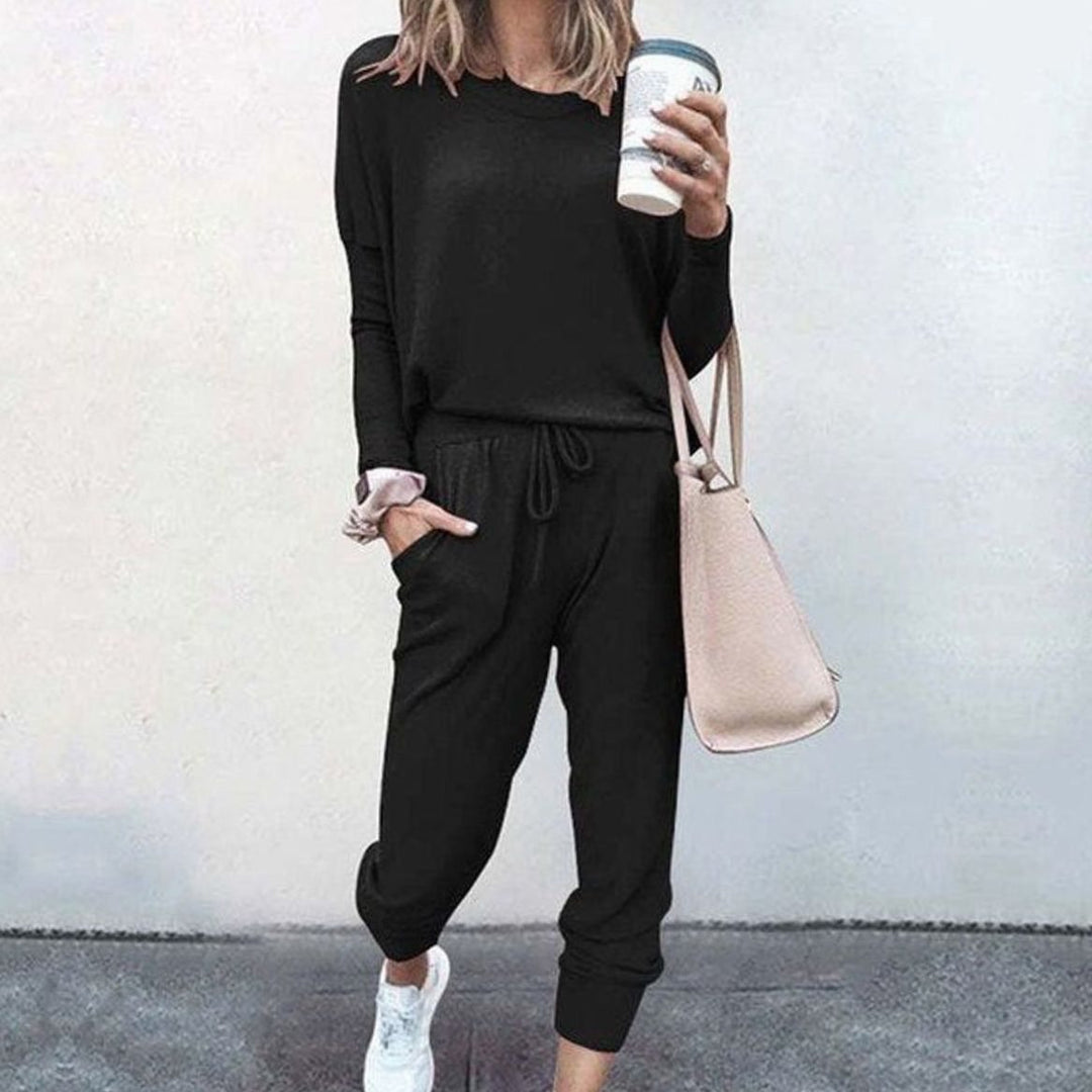 Women's Casual Two Piece Loungewear Set Long-Sleeve Top Drawstring Jogger Pants - Black