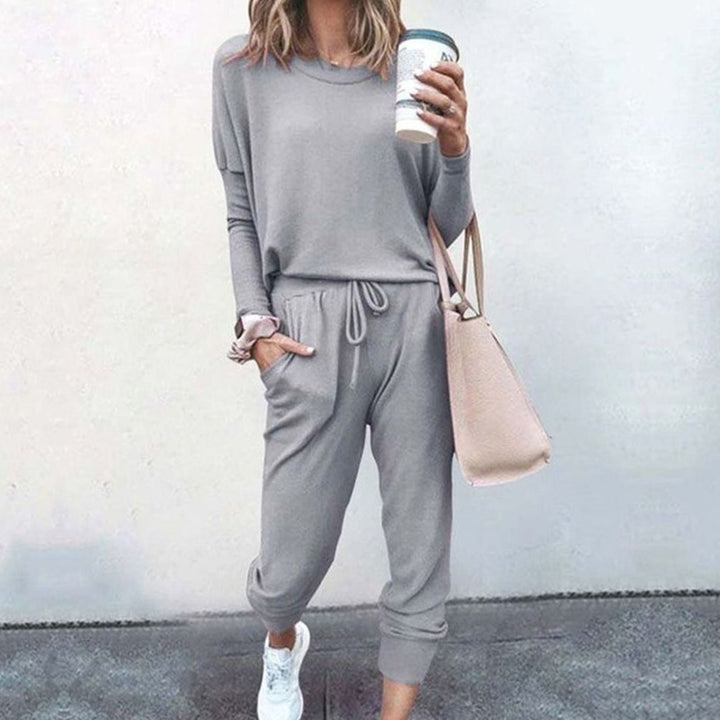 Women's Casual Two Piece Loungewear Set Long-Sleeve Top Drawstring Jogger Pants - Grey