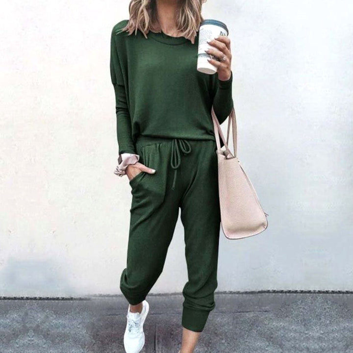 Women's Casual Two Piece Loungewear Set Long-Sleeve Top Drawstring Jogger Pants - Green