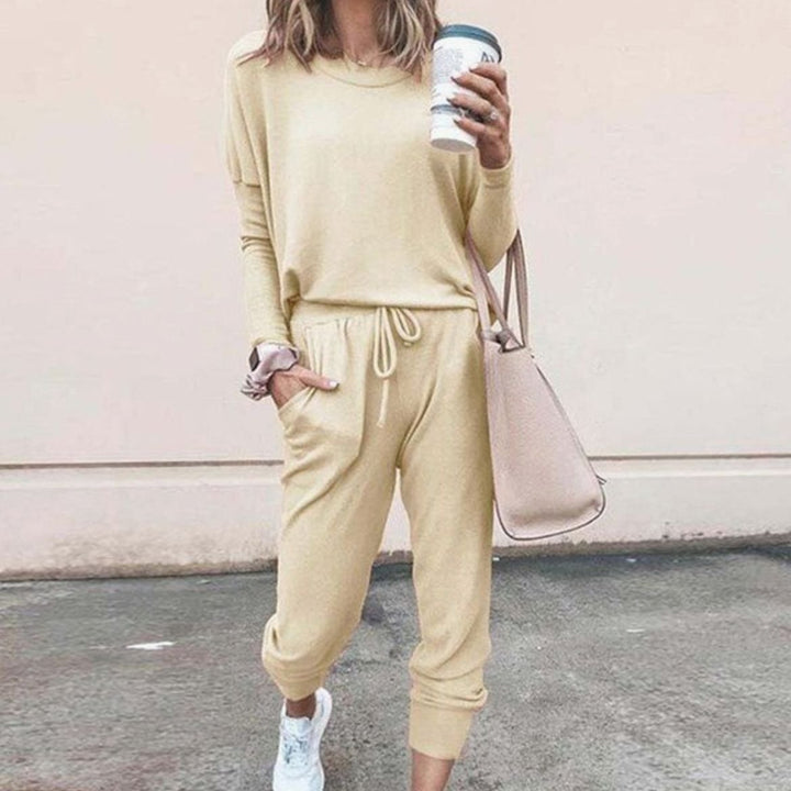 Women's Casual Two Piece Loungewear Set Long-Sleeve Top Drawstring Jogger Pants - Yellow