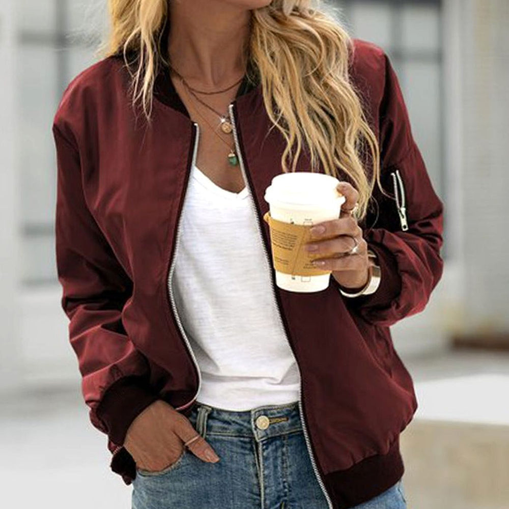 Women's Casual Zip-Up Ribbed-Cuff Bomber Jacket - Burgundy