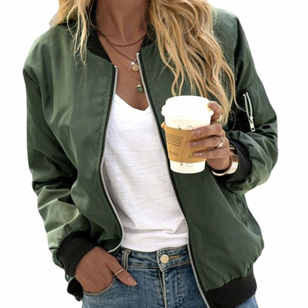 Women's Casual Zip-Up Ribbed-Cuff Bomber Jacket - Army Green