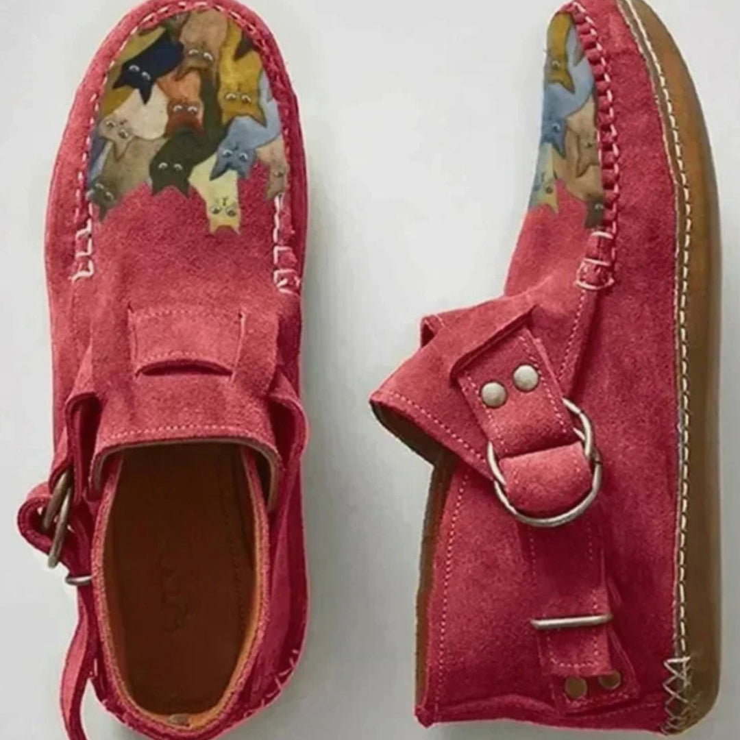 Women's Cat-Print Buckle Strap Suede Slip-On Shoes - Red