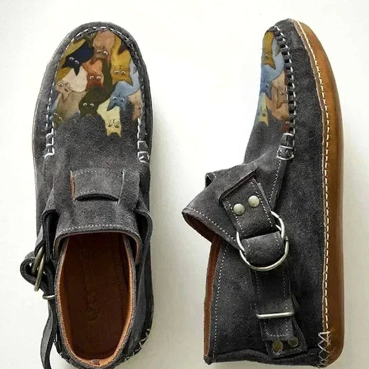 Women's Cat-Print Buckle Strap Suede Slip-On Shoes - Gray