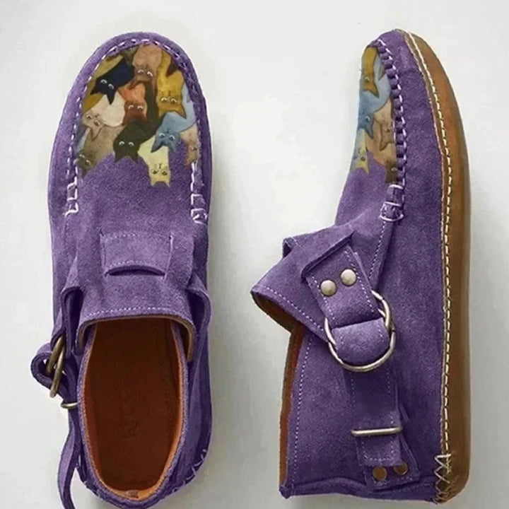 Women's Cat-Print Buckle Strap Suede Slip-On Shoes - Purple