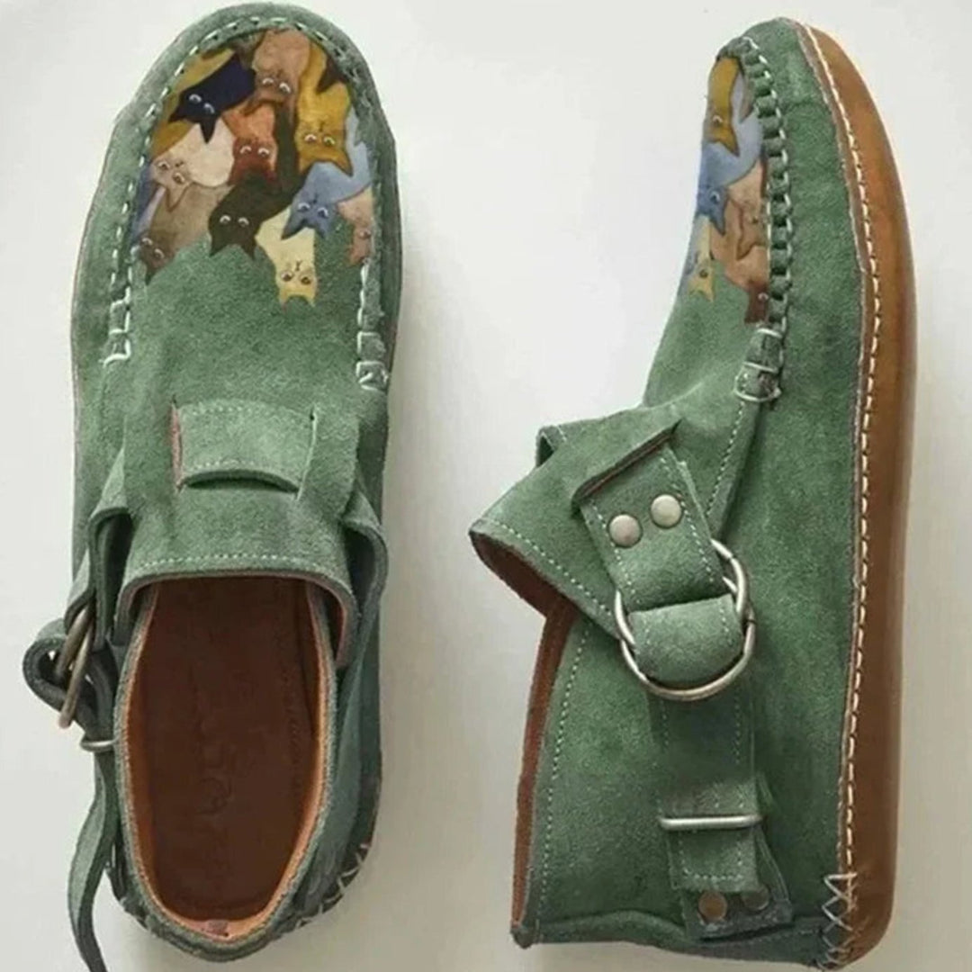 Women's Cat-Print Buckle Strap Suede Slip-On Shoes - Green