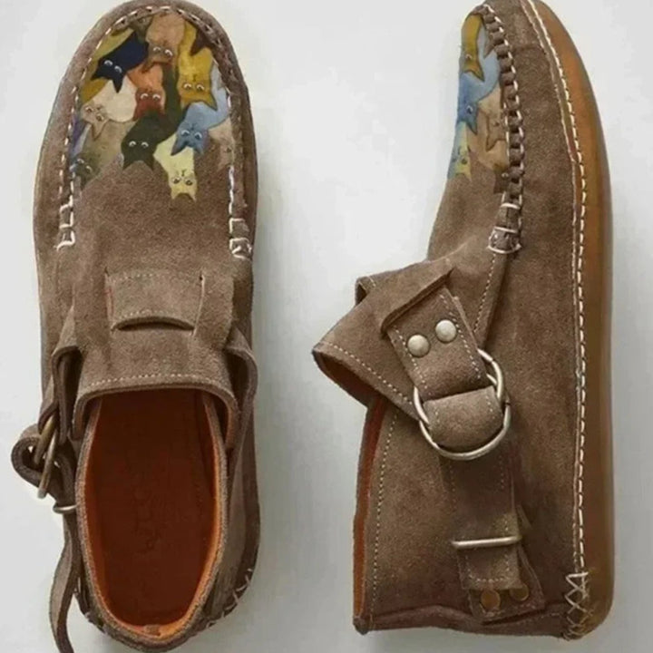 Women's Cat-Print Buckle Strap Suede Slip-On Shoes - Khaki