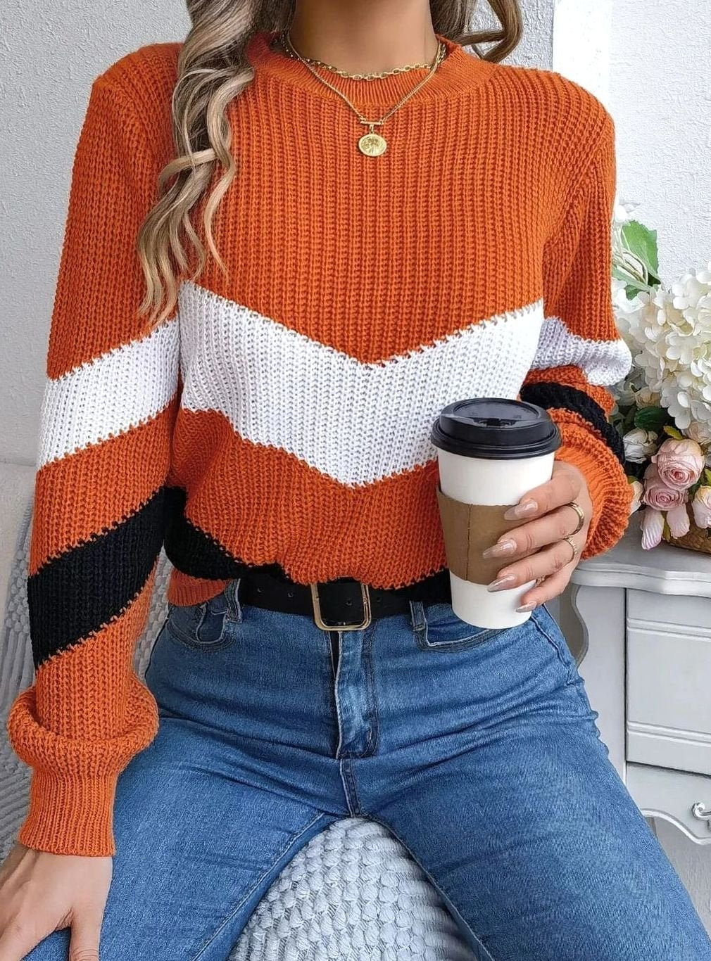 Women's Chevron Color-Block Crewneck Knit Sweater - Orange