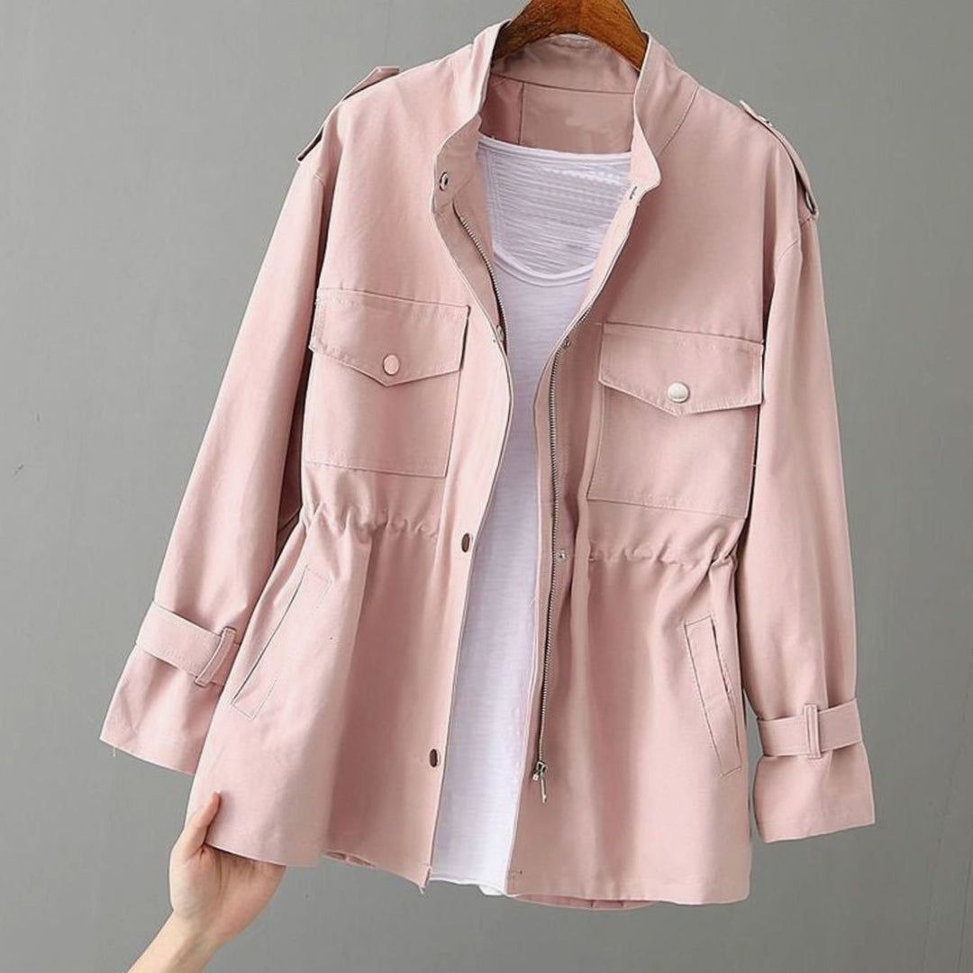 Women's Cinched-Waist Zip-Up Utility Jacket Multi-Pocket - Pink