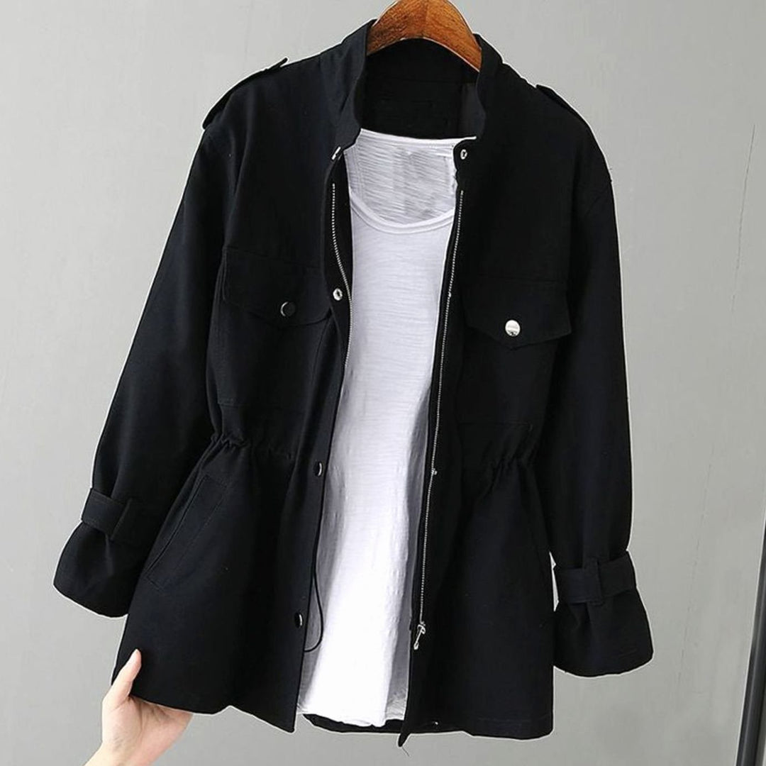 Women's Cinched-Waist Zip-Up Utility Jacket Multi-Pocket - Black