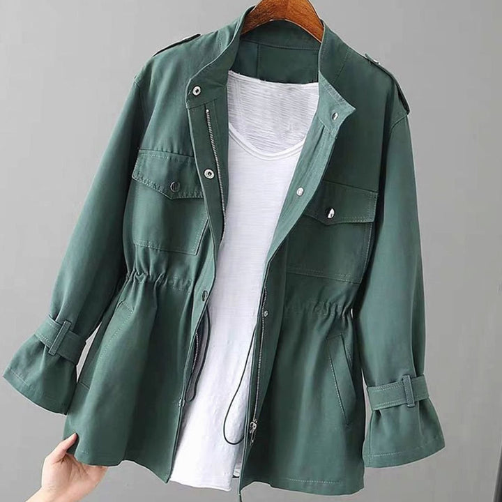 Women's Cinched-Waist Zip-Up Utility Jacket Multi-Pocket - Green