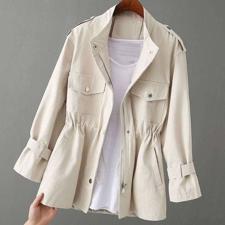 Women's Cinched-Waist Zip-Up Utility Jacket Multi-Pocket - White