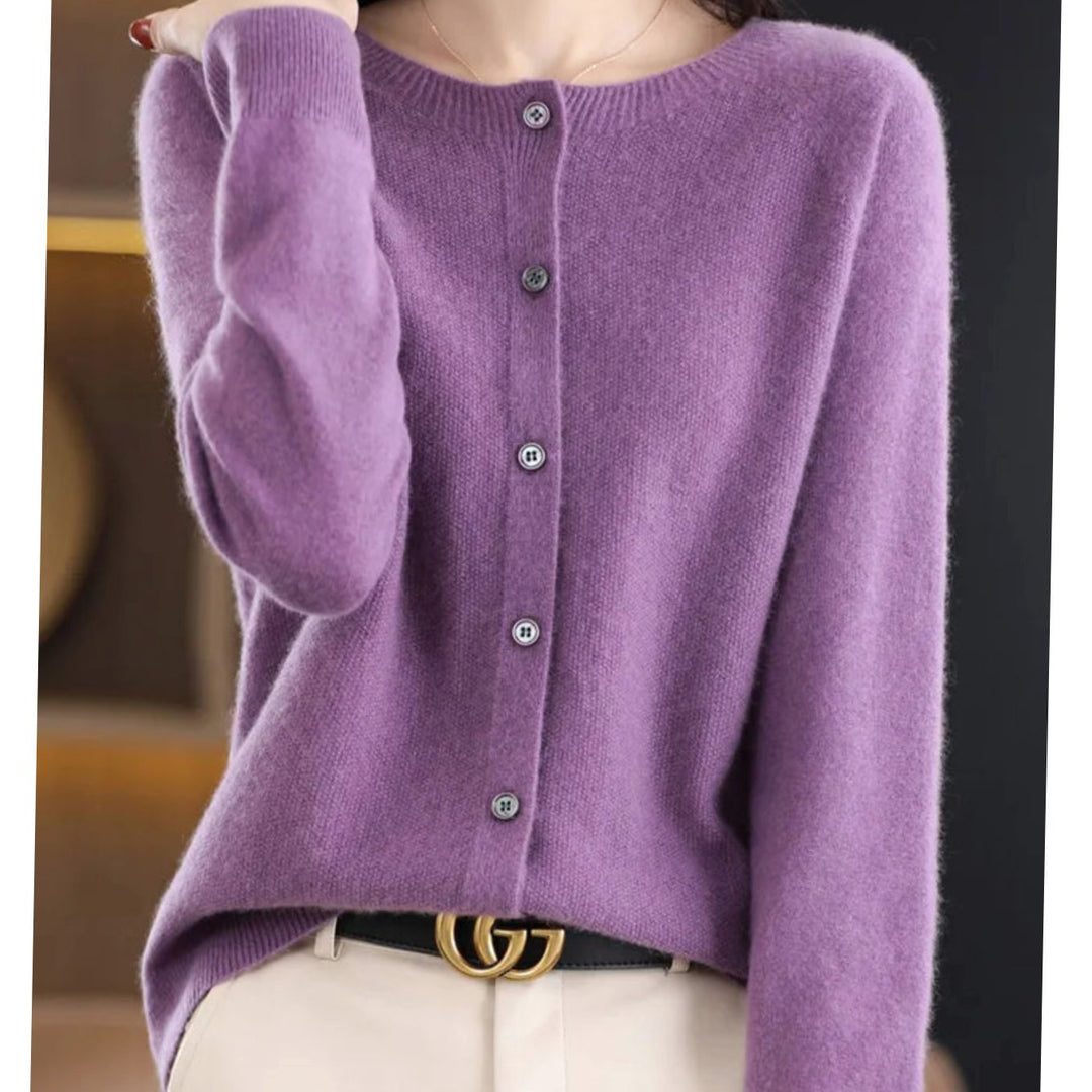 Women's Classic Button Merino Wool Crew-Neck Cardigan Sweater - Purple