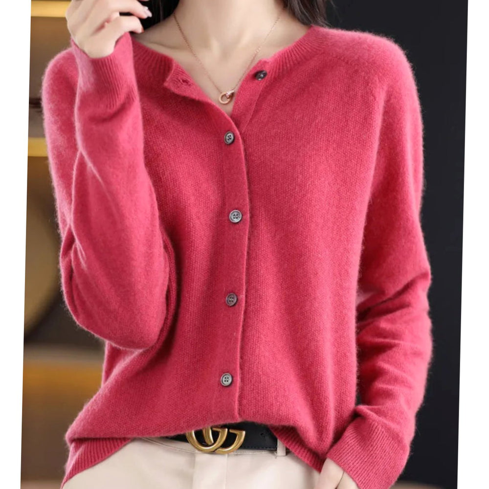 Women's Classic Button Merino Wool Crew-Neck Cardigan Sweater - Dark Pink